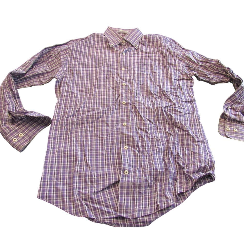 Peter Millar Mens Purple‎ Plaid Cotton Button Down Shirt Medium Long Sleeve